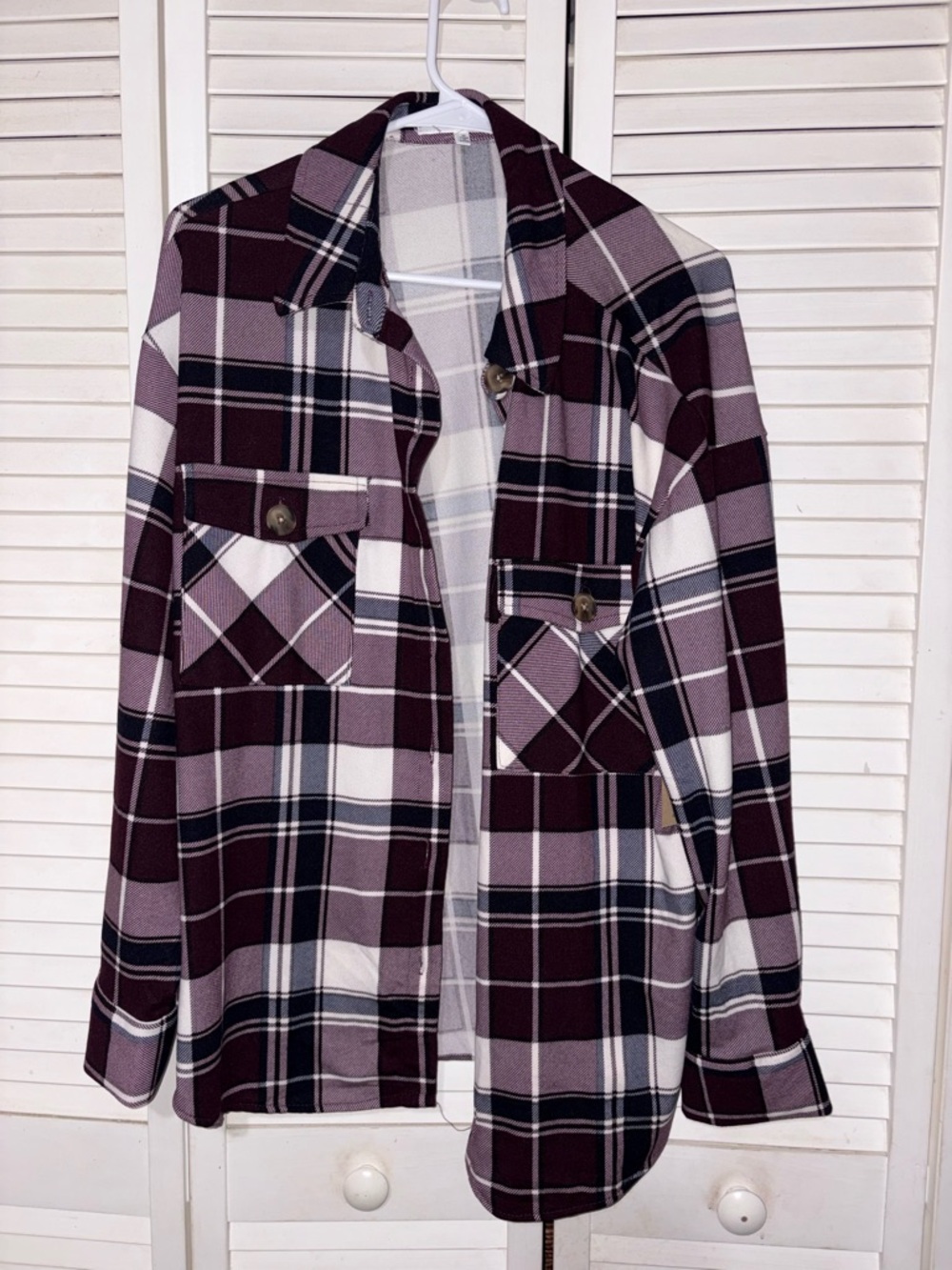 Eden & Olivia Plaid Shacket in Plum, Black and Cream